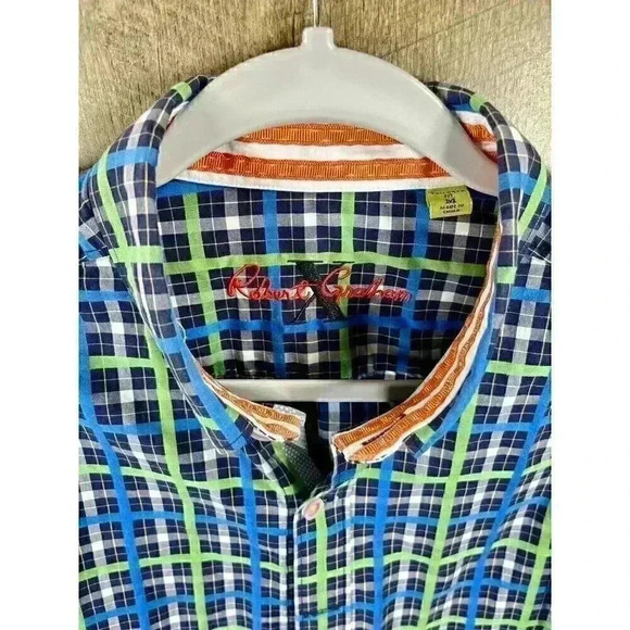 Robert Graham X Mens Medium Tailored Fit Flip Cuff Button Shirt Green Blue Plaid - Picture 4 of 9